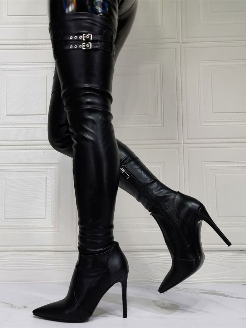 Dam Stövlar Över Knä Plus Size Stiletto Heel Pu Läder Vita Lår Höga - Svart