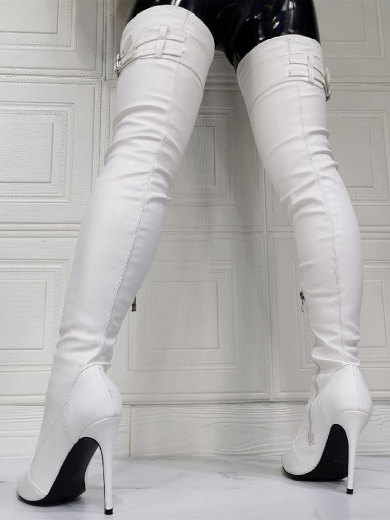 Dam Stövlar Över Knä Plus Size Stiletto Heel Pu Läder Vita Lår Höga - Vit