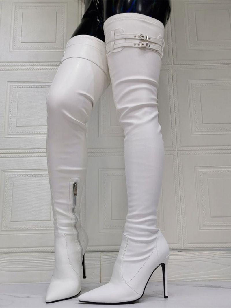 Dam Stövlar Över Knä Plus Size Stiletto Heel Pu Läder Vita Lår Höga - Vit