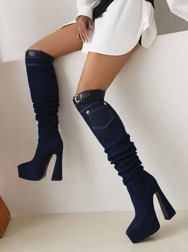 Knähöga Stövlar För Kvinnor Denim Plattformsspänne Detalj Chunky Klackstövlar - Djupblå