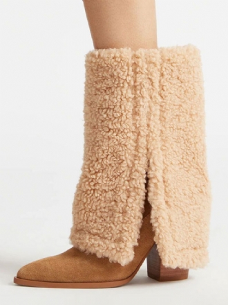 Kvinnor Ankelboots Brun Mocka Kort Plysch Vik Över Chunky Heel Vinterkängor