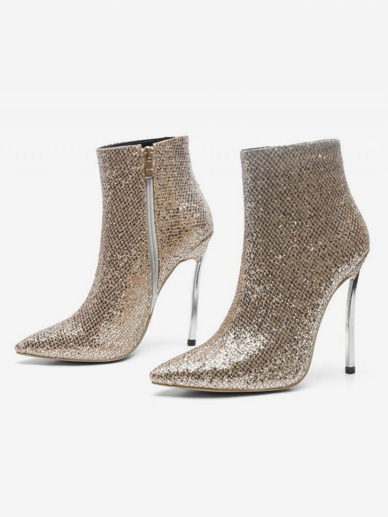 Kvinnor Stövlar Ljus Guld Paljetterad Spetsad Tå Stilettklack Högklackat Booties - Ljus Guld