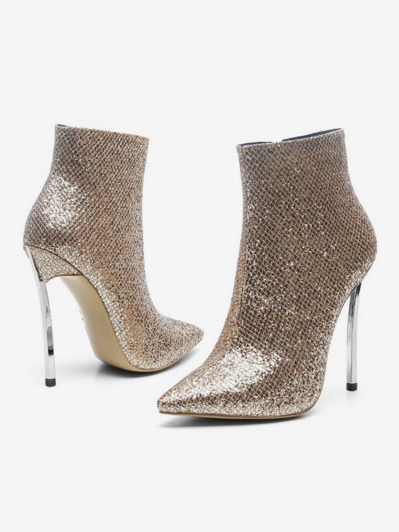 Kvinnor Stövlar Ljus Guld Paljetterad Spetsad Tå Stilettklack Högklackat Booties - Ljus Guld