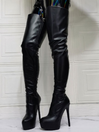 Kvinnor Stövlar Över Knä Plus Size Stiletto Heel Pu Läder Svarta Lår Höga