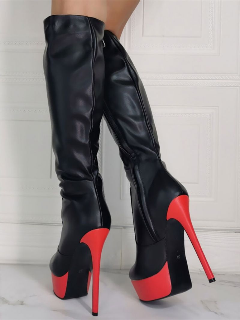 Kvinnor Stövlar Stiletto Heel Plus Size Plattform Svart Sky Hög Klack Knähöga - Svart