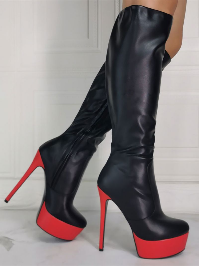 Kvinnor Stövlar Stiletto Heel Plus Size Plattform Svart Sky Hög Klack Knähöga - Svart