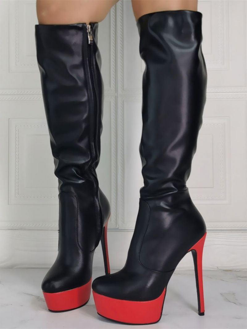 Kvinnor Stövlar Stiletto Heel Plus Size Plattform Svart Sky Hög Klack Knähöga - Svart