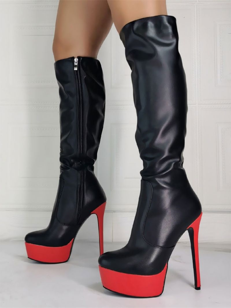 Kvinnor Stövlar Stiletto Heel Plus Size Plattform Svart Sky Hög Klack Knähöga - Svart
