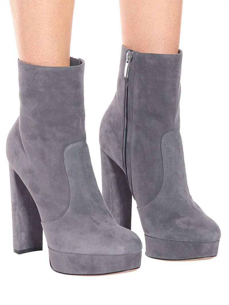 Kvinnors Ankelstövlar Mocka Rund Toe Platform Chunky Heel Booties - Grå