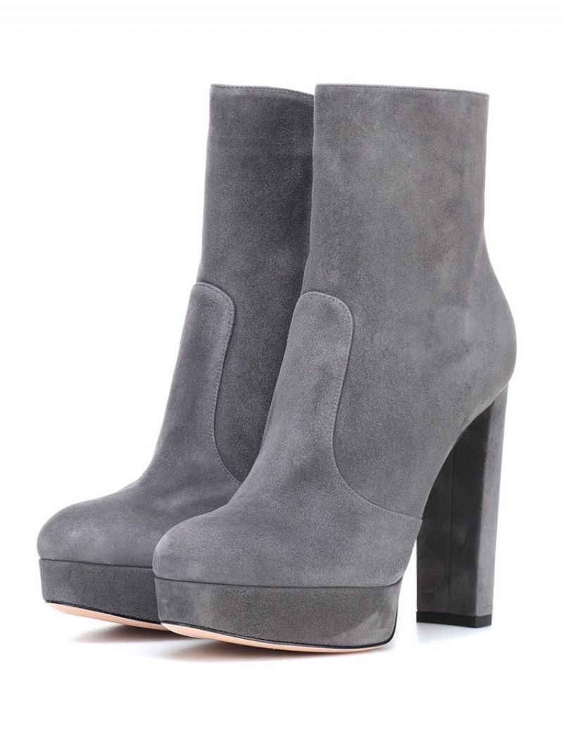 Kvinnors Ankelstövlar Mocka Rund Toe Platform Chunky Heel Booties - Grå