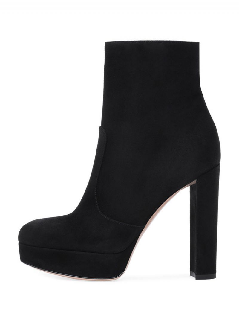 Kvinnors Ankelstövlar Mocka Rund Toe Platform Chunky Heel Booties - Svart