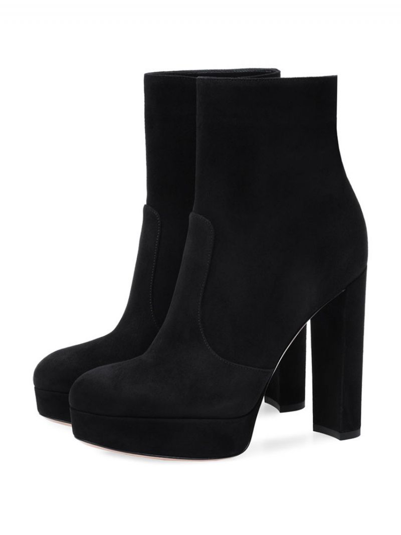 Kvinnors Ankelstövlar Mocka Rund Toe Platform Chunky Heel Booties - Svart