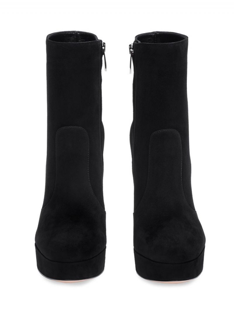 Kvinnors Ankelstövlar Mocka Rund Toe Platform Chunky Heel Booties - Svart