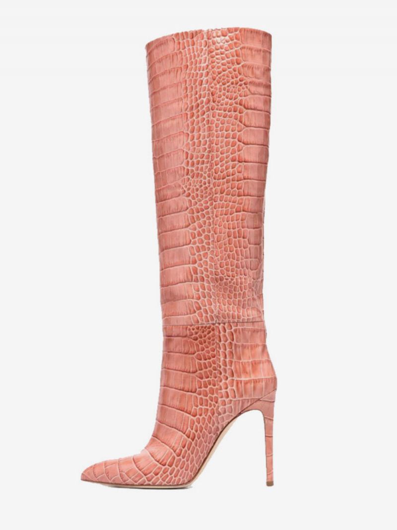 Kvinnors Rosa Knähöga Stövlar Croc-mönster Med Spetsiga Tå Högklackade - Rosa