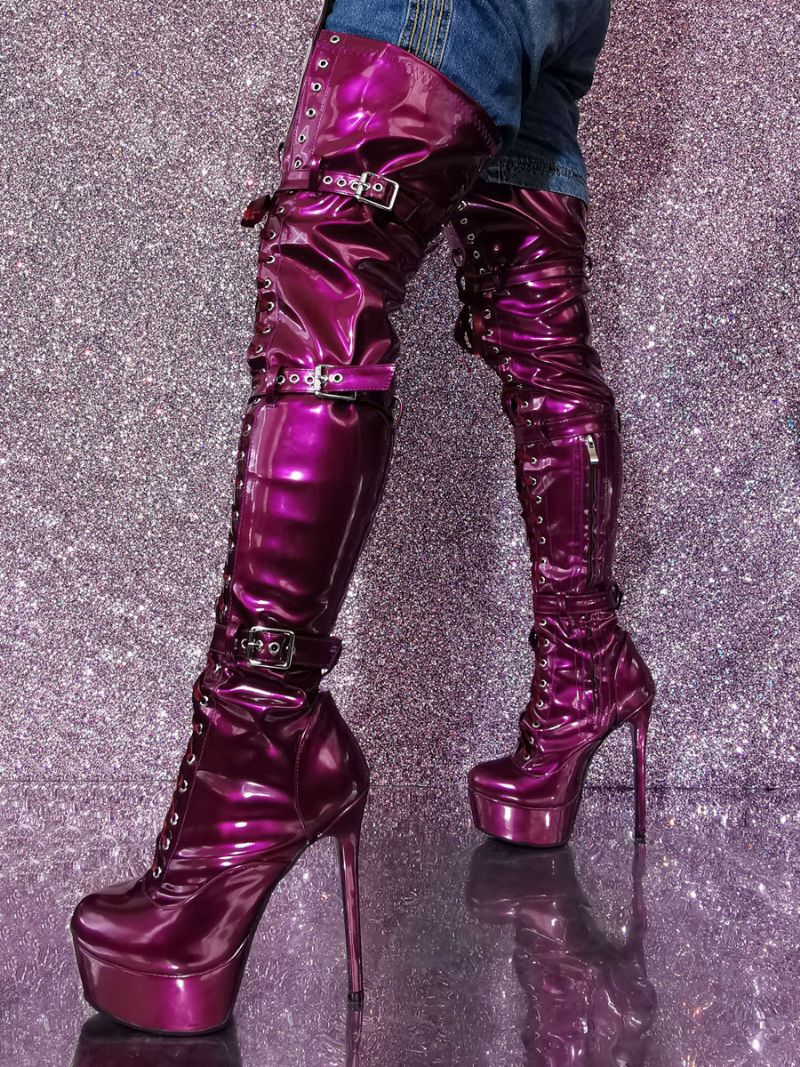 Kvinnors Stövlar Över Knä Sexiga Metallic Rund Toe Stiletto Heel Party Skor - Plommon