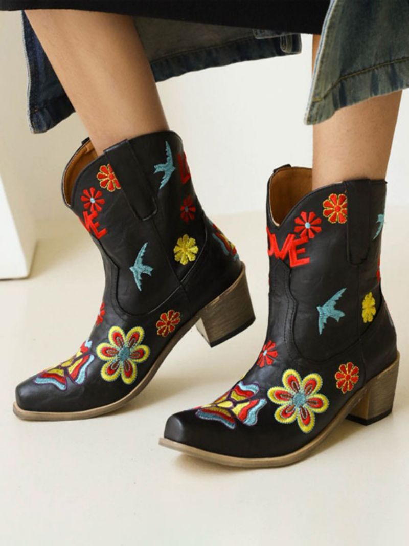 Kvinnors Västerländska Stövlar Med Spetsiga Tå Blommor Broderade Cowboystövlar