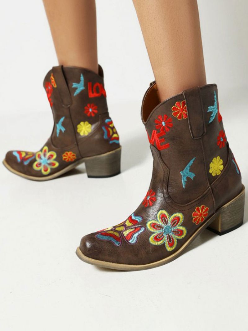 Kvinnors Västerländska Stövlar Med Spetsiga Tå Blommor Broderade Cowboystövlar - Djupbrun