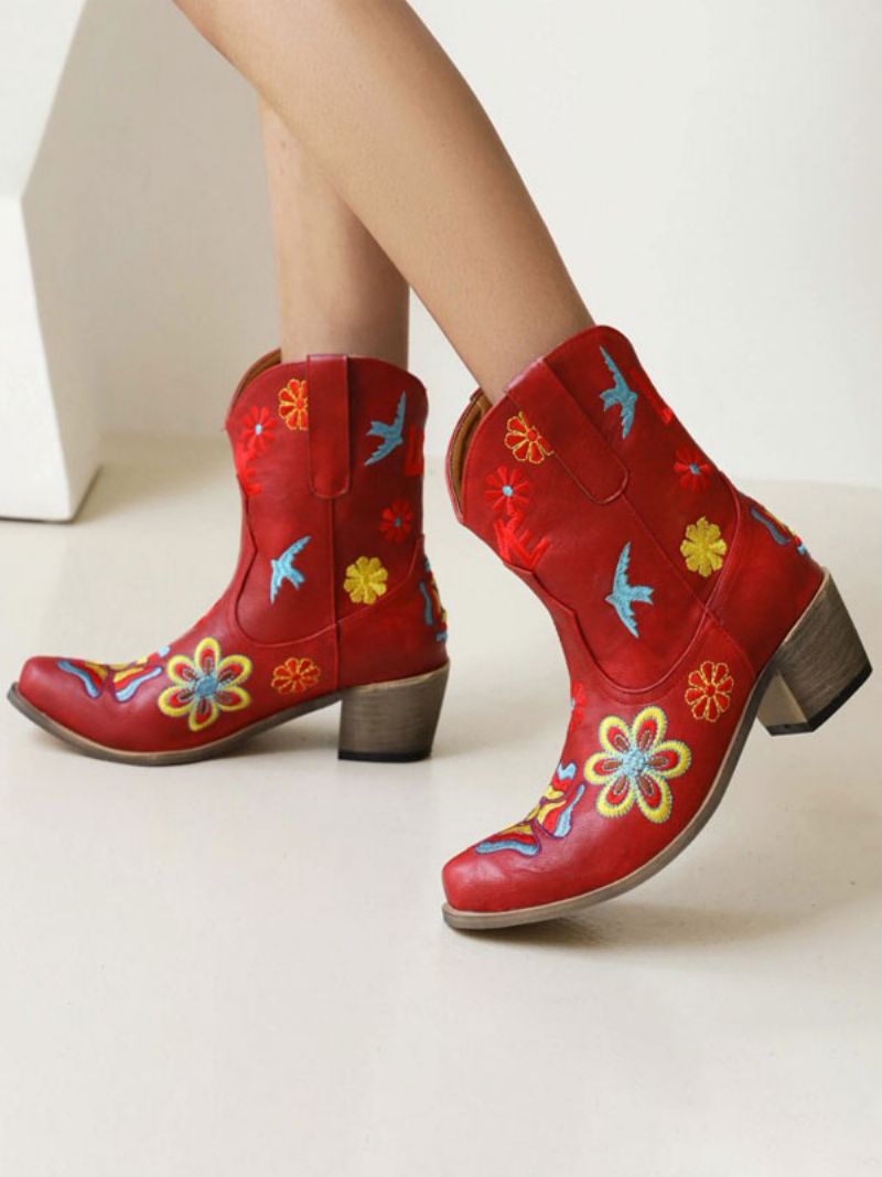 Kvinnors Västerländska Stövlar Med Spetsiga Tå Blommor Broderade Cowboystövlar - Vröd