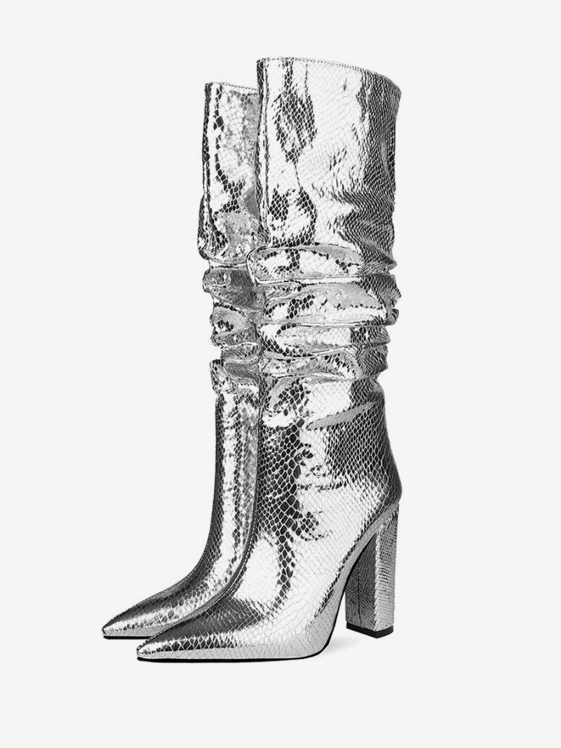 Slouch Snakeskin Chunky Heel Knähöga Kängor I Ljust Läder Blond - Silver