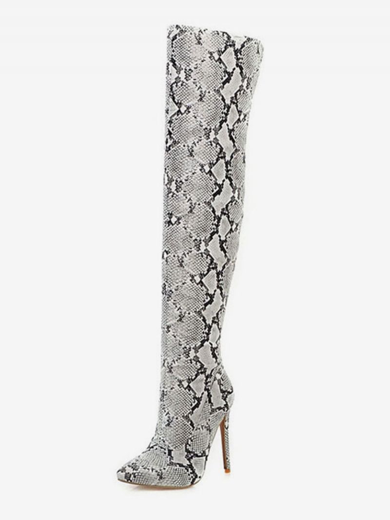 Stövlar Över Knä Dam Snake Print Spetsad Tå Stilettklack Lår Höga
