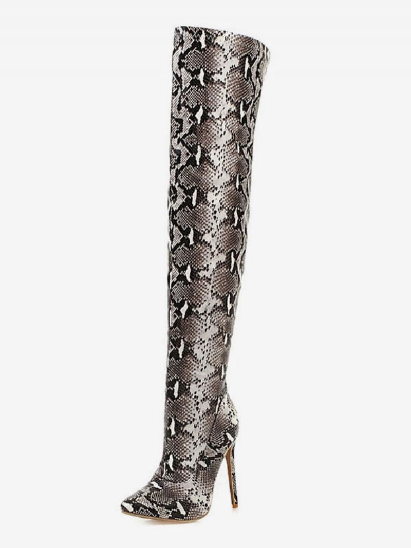 Stövlar Över Knä Dam Snake Print Spetsad Tå Stilettklack Lår Höga - Grå