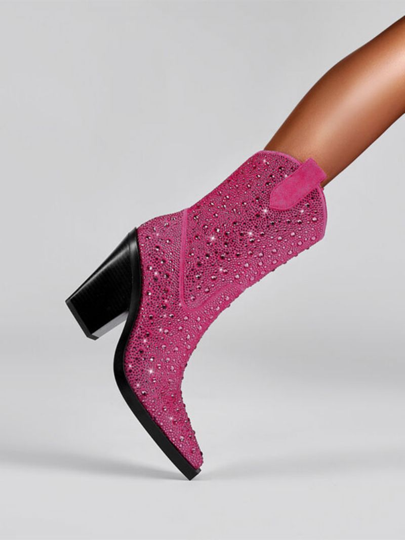 Svarta Västerländska Stövlar Kvinnor Spetsiga Tå Block Klack Sparkly Cowboy - Rose