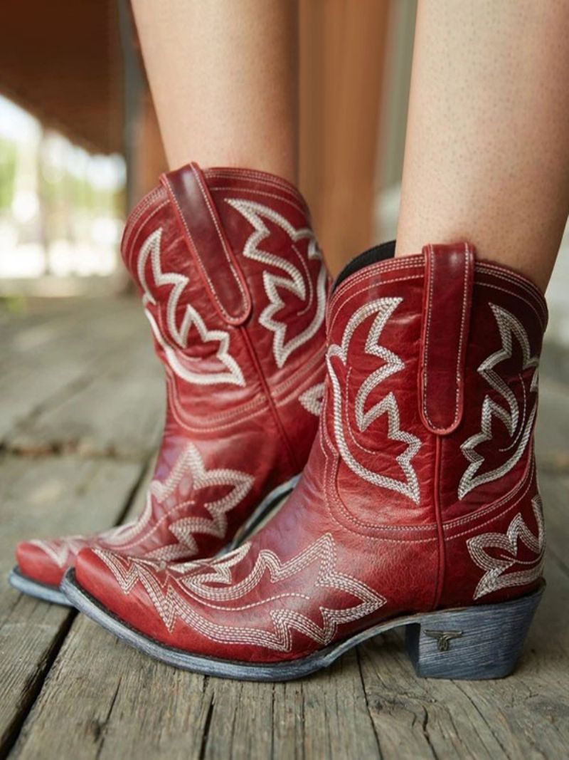 Westernstövlar För Kvinnor Broderade Cowboystövlar - Vinröd