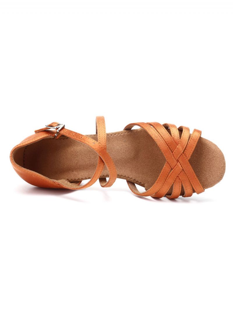 Kvinnors Satin Ballroom Dansskor Open Toe Criss Cross Latin För Barn - Kaffe Brun