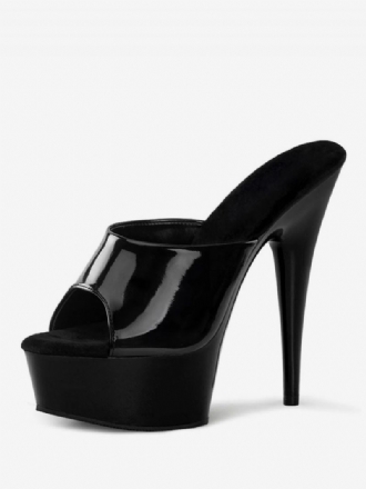 Pole Dance Skor Damer Högklackade Sexiga Sandaler Svart Läder Peep Toe Stiletto Flatform Strippor