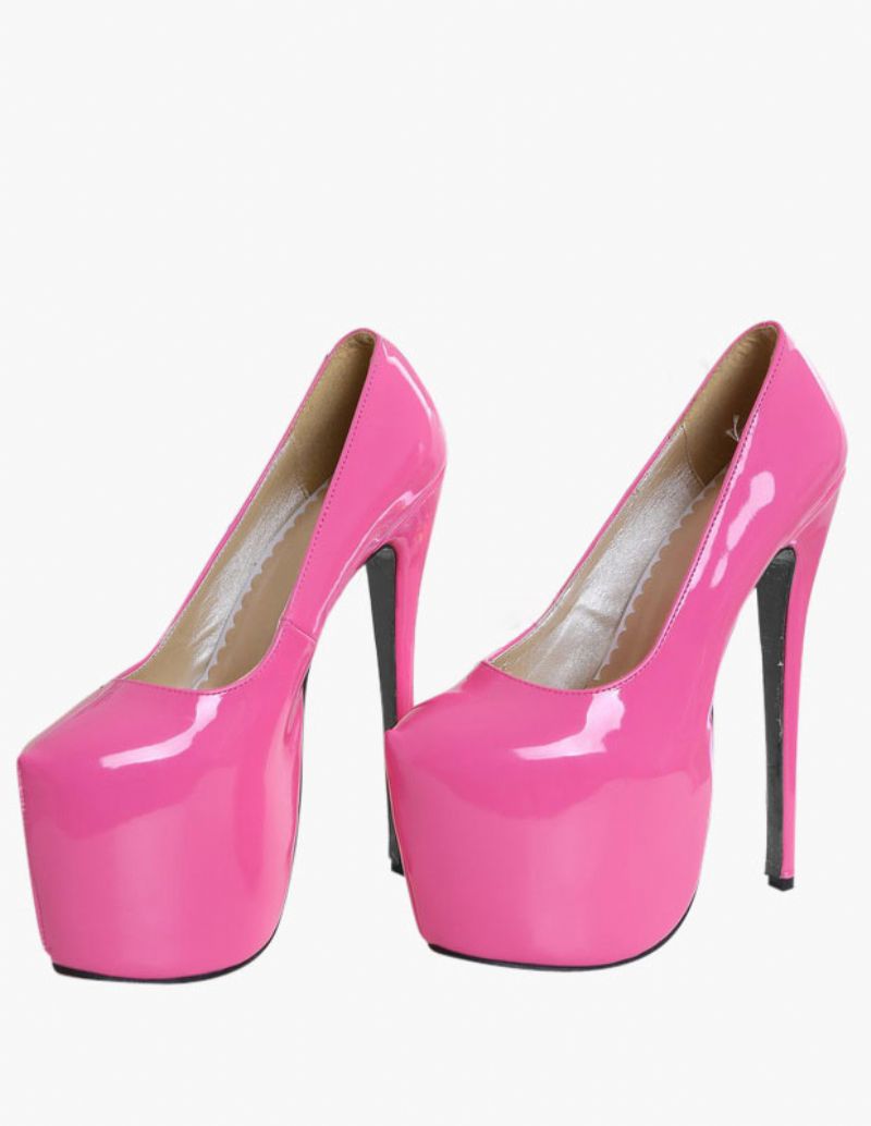 Röda Sexiga Skor Dam Plattform Klackar Mandel Patent Sky High Slip-on Pumps - Rosa