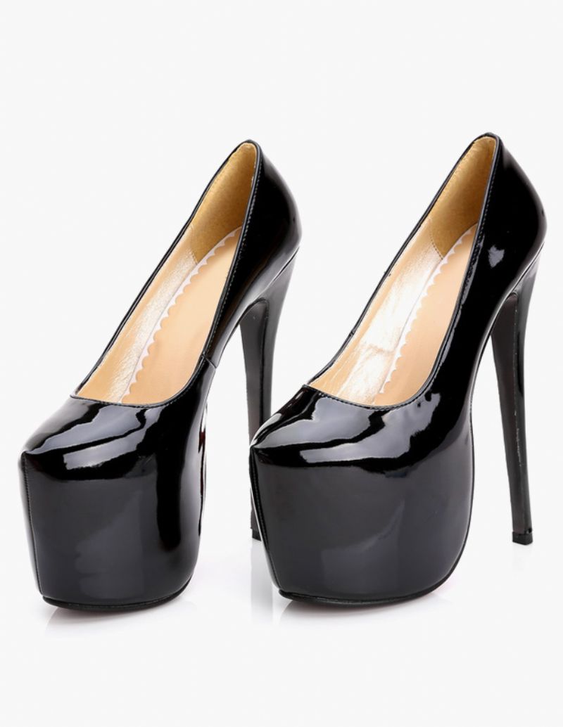 Röda Sexiga Skor Dam Plattform Klackar Mandel Patent Sky High Slip-on Pumps - Svart