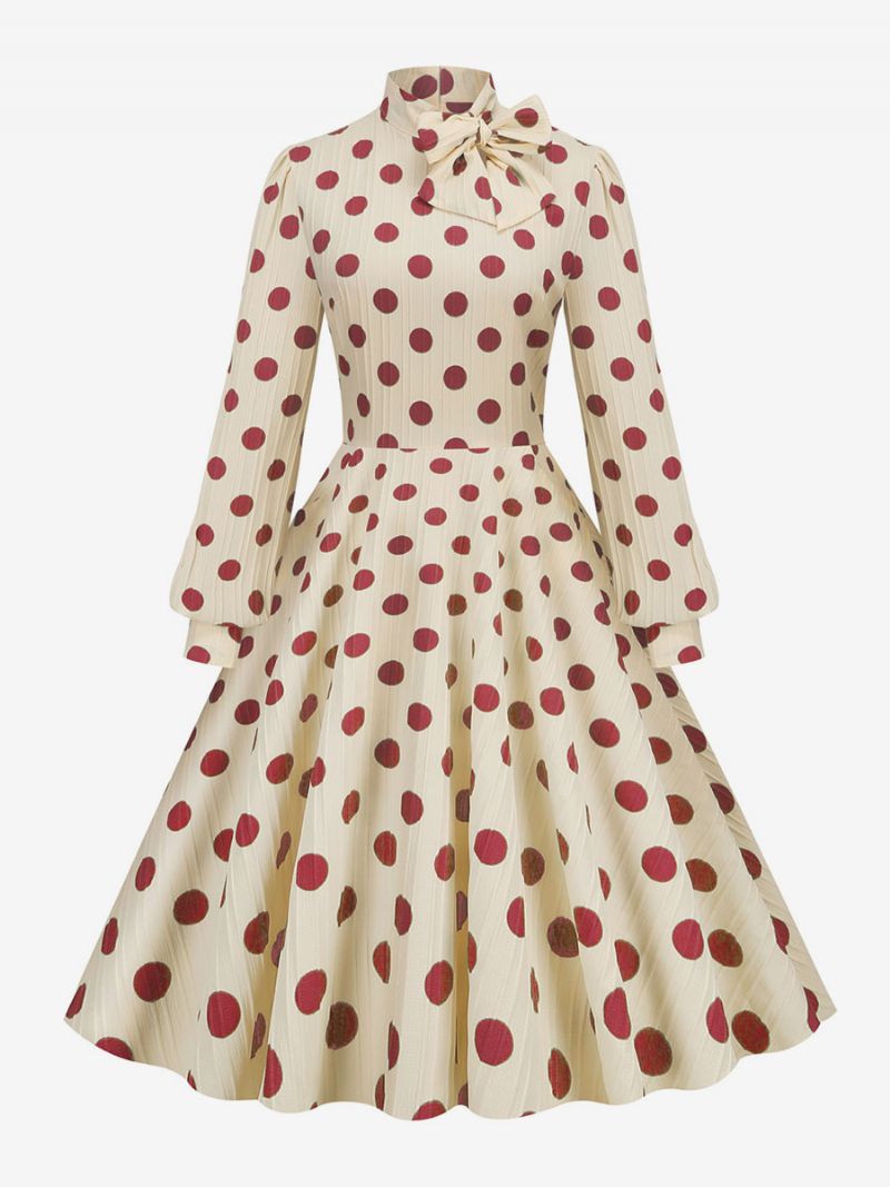 Retro Klänning 1950-tals Audrey Hepburn-stil Med Hög Krage Långärmade Rosetter Medelstor Prickig Svängklänning För Kvinnor - Rött