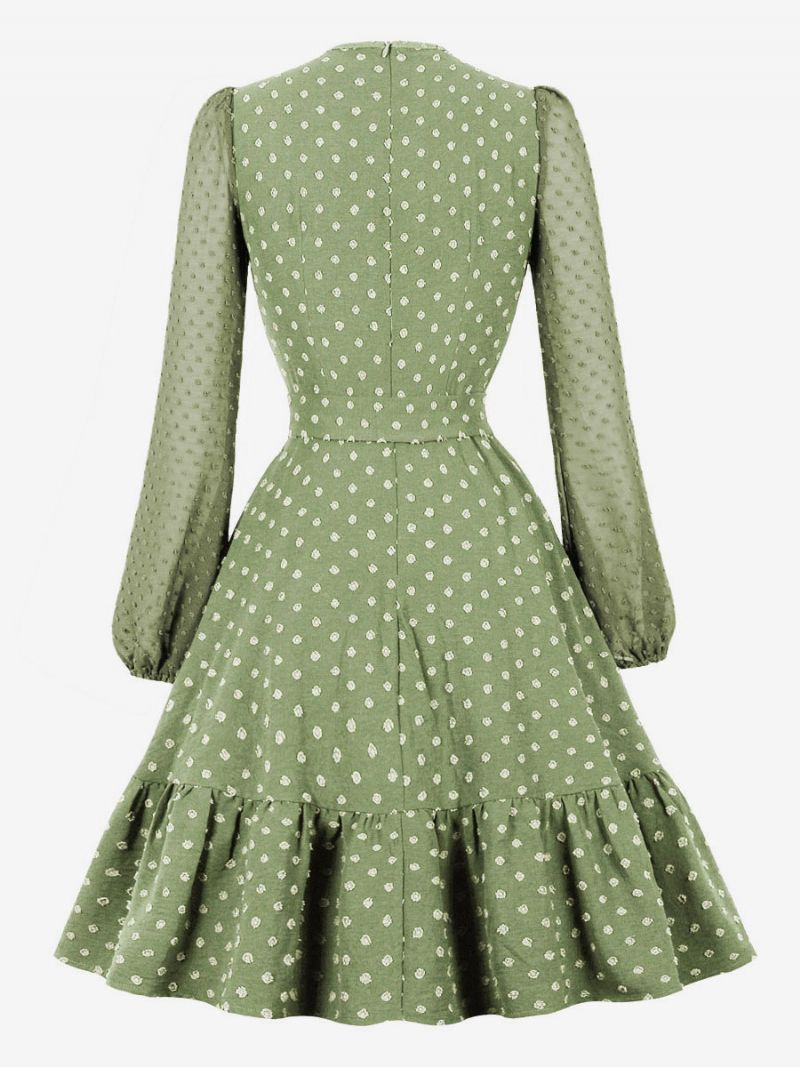 Retro Klänning 1950-tals Audrey Hepburn-stil Med Långa Ärmar Knälång Svängklänning För Kvinnor - Ljusgrön