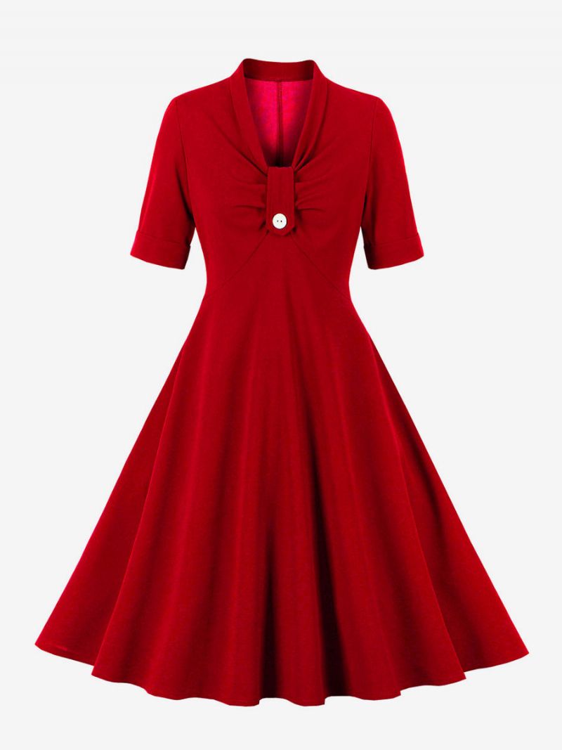 Retro Klänning 1950-tals Audrey Hepburn-stil Röd Kortärmad Rockabilly-klänning För Kvinnor - Röd