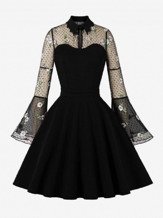 Retroklänning 1950-tals Audrey Hepburn-stil Långärmad Knälång Rockabilly-klänning I Två Färger