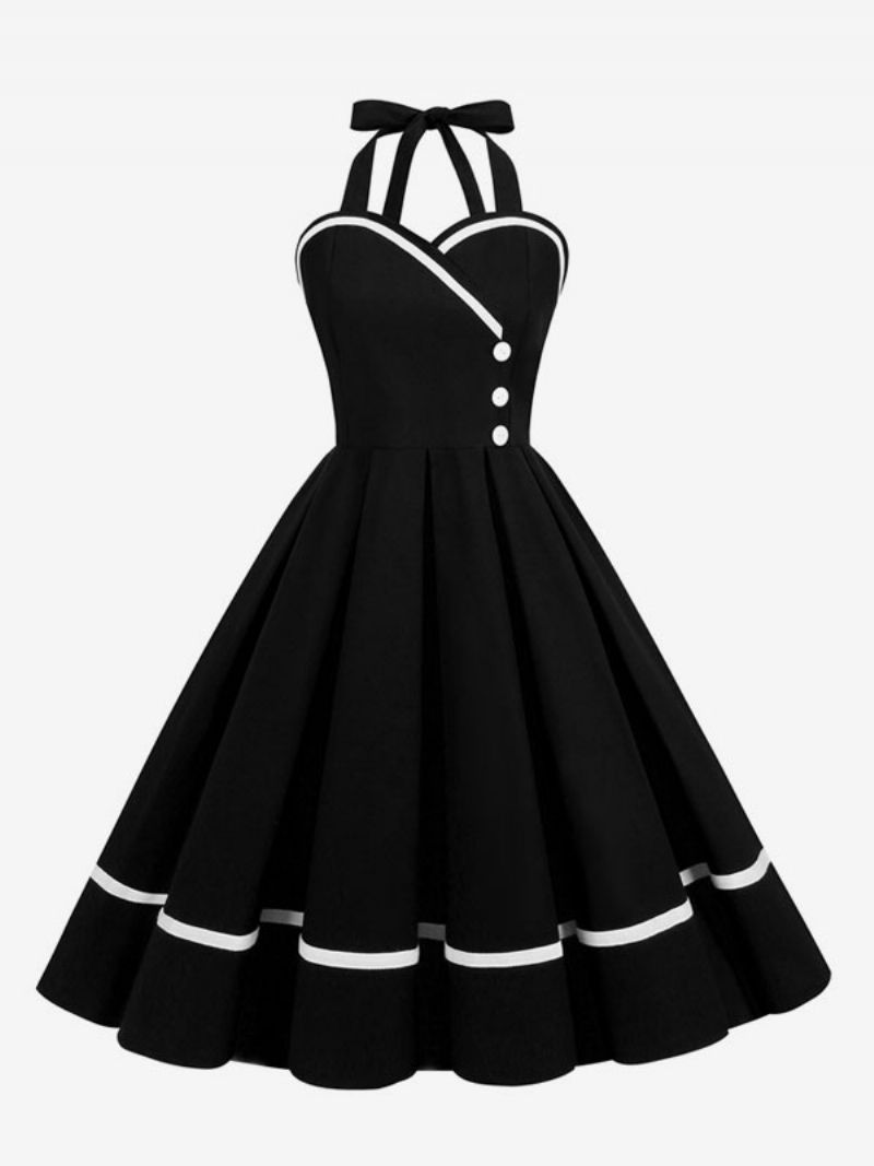 Retroklänning För Kvinnor 1950-tals Audrey Hepburn-stil Bourgogne Med Knappar Ärmlös Sweetheart Neck Swing-klänning - Svart