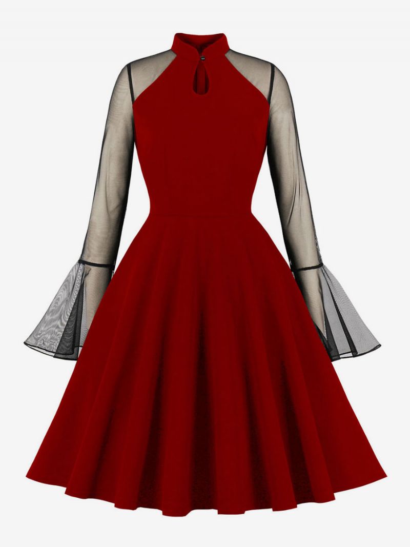 Retroklänning För Kvinnor 1950-tals Audrey Hepburn-stil Stativkrage Långärmad Knälång Rockabilly-klänning - Vinröd