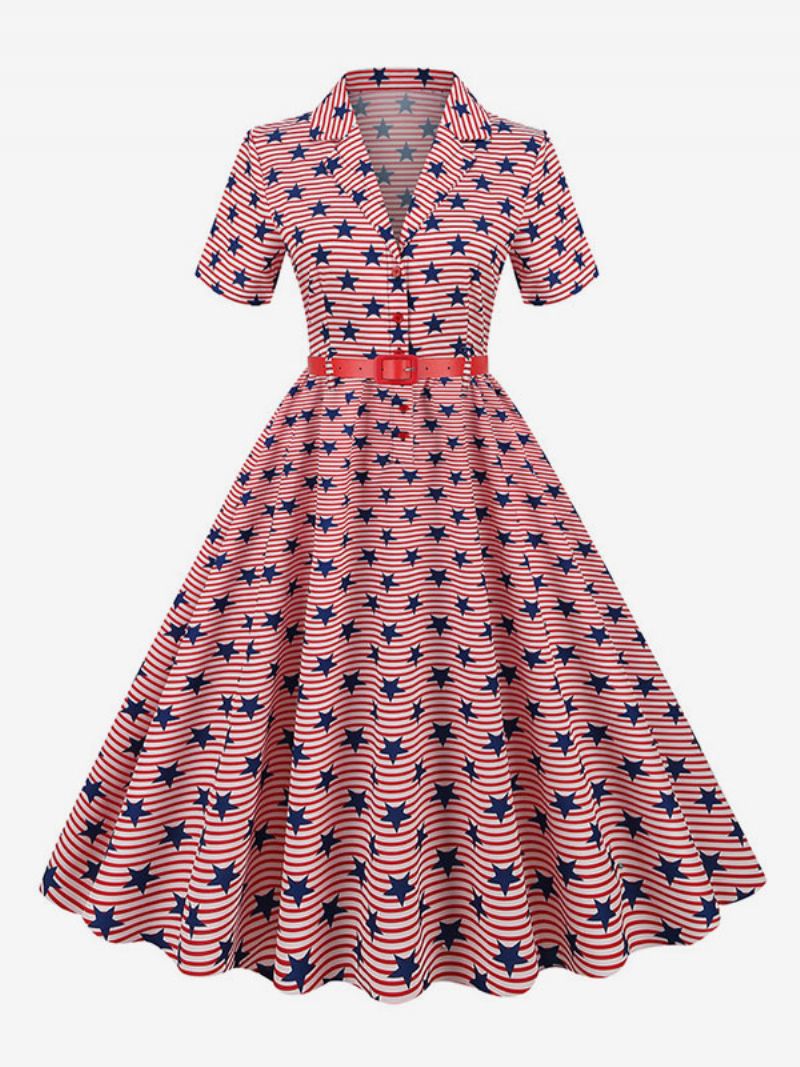 Retroklänning För Kvinnor 1950-tals Audrey Hepburn-stil V-ringad Skärp Layered Korta Ärmar Medium Flag Rockabilly Dress