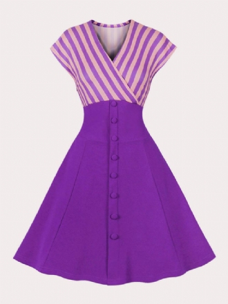 Vintageklänning För Kvinnor 1950-tals Audrey Hepburn-stil Blue Stripes Rockabilly-klänning Med V-ringad