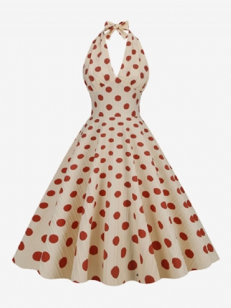 Vintageklänning För Kvinnor Röd 1950-tals Audrey Hepburn-stil Polka Dot Plisserad Ärmlös V-ringad Medium Swing Klänning