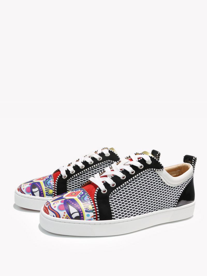 Män Vit Kohud För Rund Tå Konstverk Blommor Med Låg Topp Sneaker