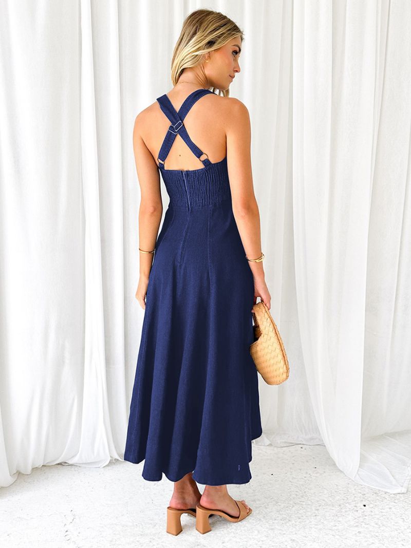 Kvinnors Festklänningar Dark Navy Straps Hals Ärmlös Semiformell Klänning - Mörk Marinblå