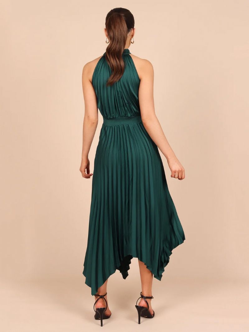 Sommarklänning För Kvinnor Med Hög Krage Plisserad Oregelbunden Rose Long Beach Dress - Mörkgrön