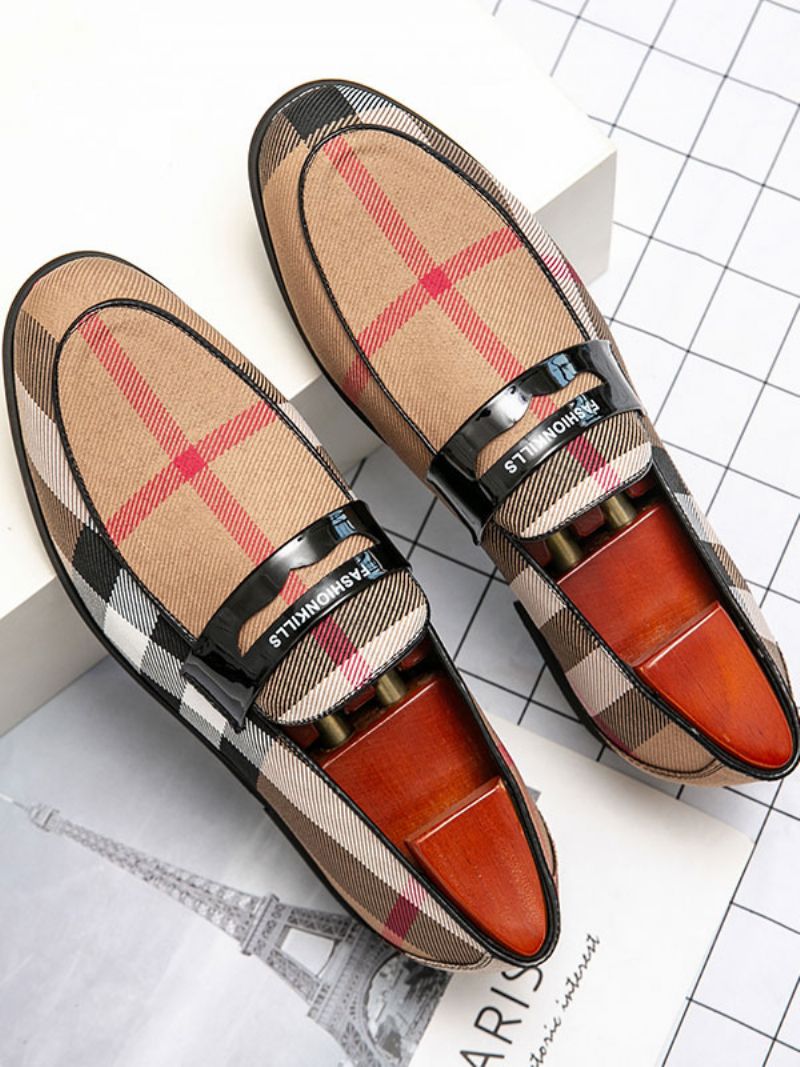 Herr Loafer Bal Party Bröllopsskor Populära Pu Läder Monk Strap Rutigt Slip-on - Kaki