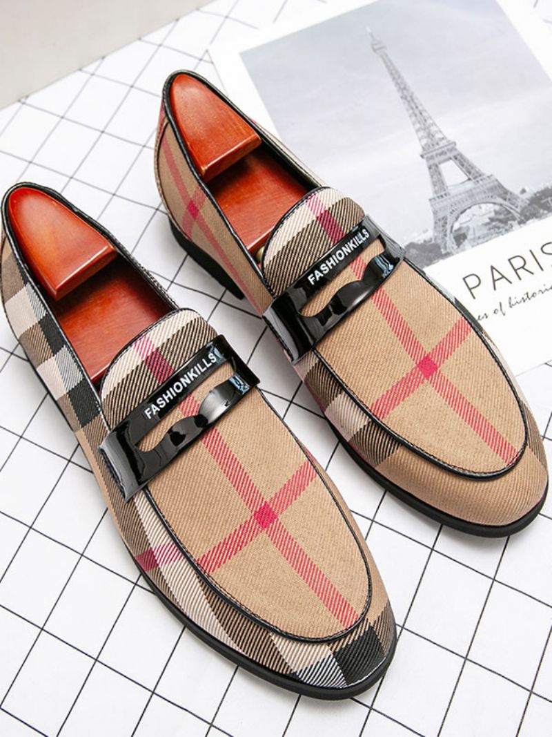 Herr Loafer Bal Party Bröllopsskor Populära Pu Läder Monk Strap Rutigt Slip-on - Kaki