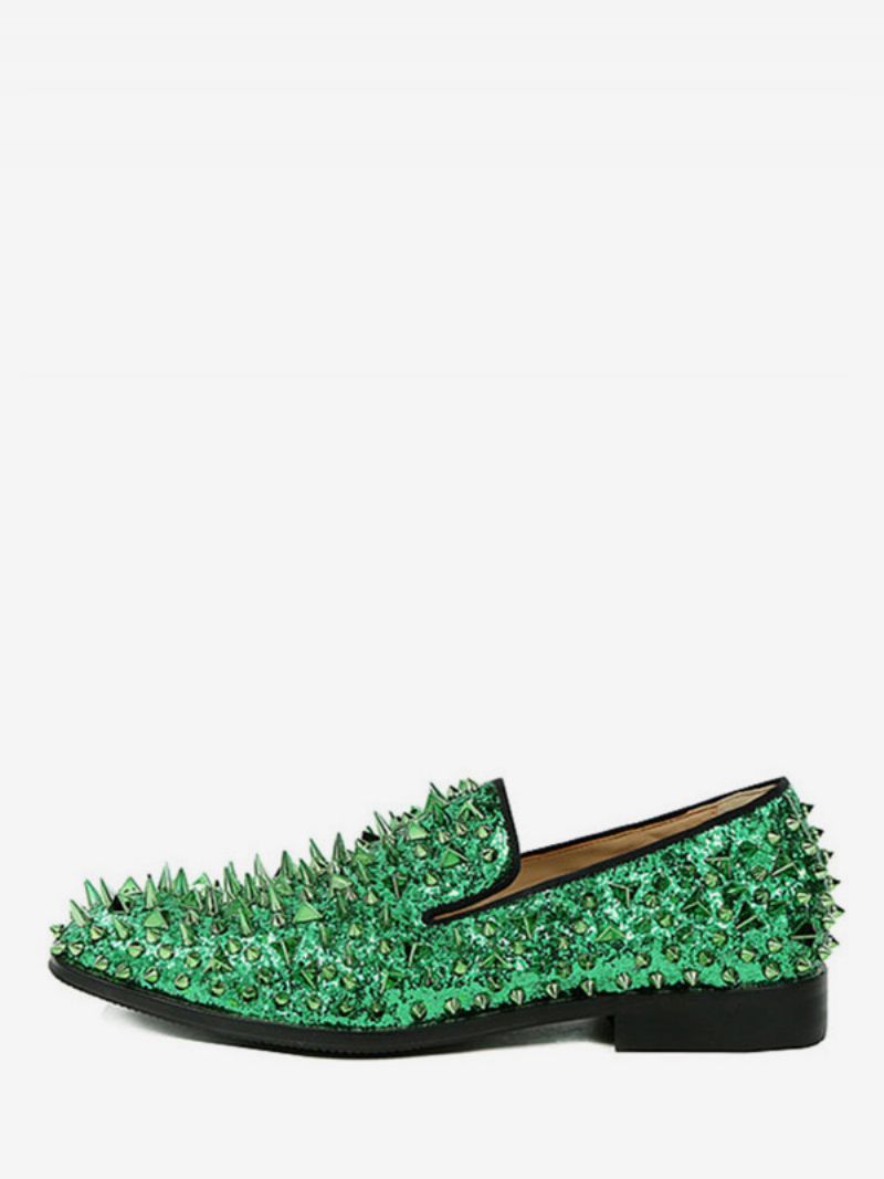 Herr Spike Loafers Skor Glitterblå Round Toe Prom Party Bröllopsskor - Grön