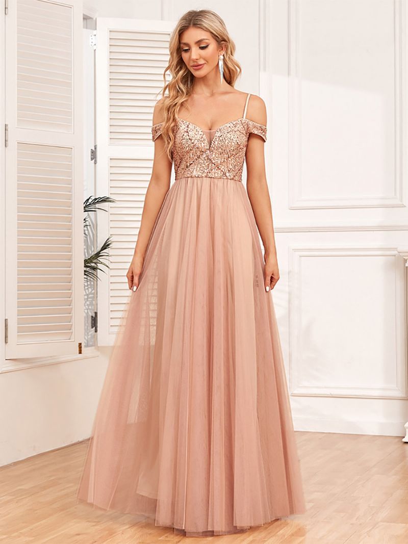 Dam A-line Klänning Spaghetti Strap Backless Balklänningar Med Paljetter - Guld
