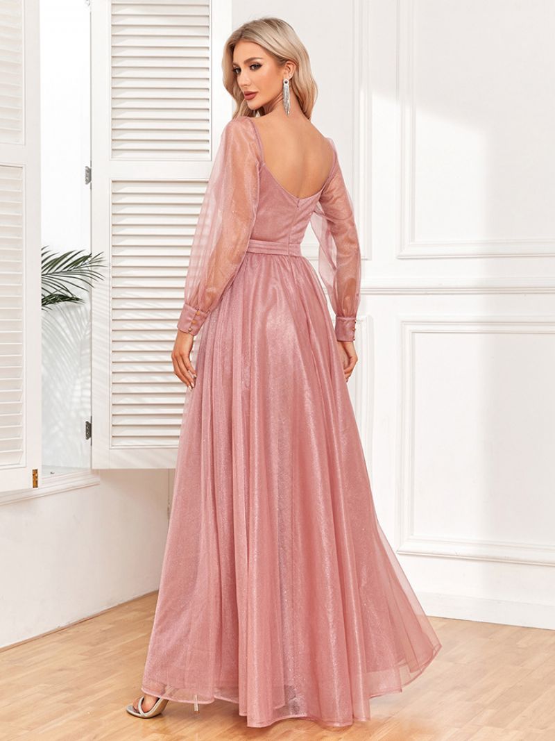 Dam Elegant Prom Dress Surplice Neck Illusion Ärmar Rosa Maxiklänningar - Rosa
