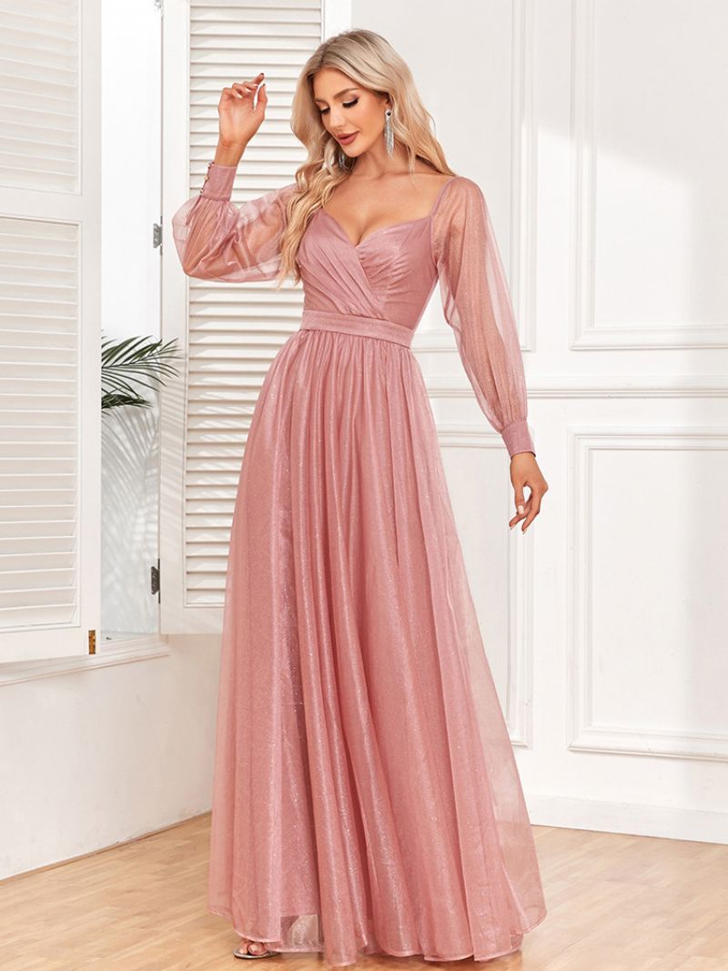 Dam Elegant Prom Dress Surplice Neck Illusion Ärmar Rosa Maxiklänningar - Rosa