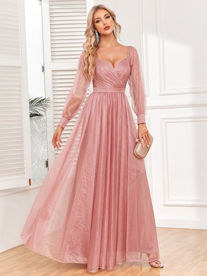 Dam Elegant Prom Dress Surplice Neck Illusion Ärmar Rosa Maxiklänningar - Rosa